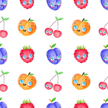 Cute cartoon funny fruits and berries seamless pattern on a white background. Plum, peach, cherry, raspberry