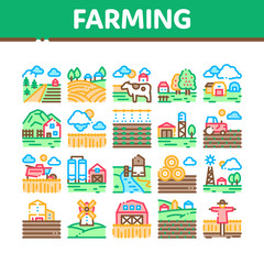 Obraz premium Farming Landscape Collection Icons Set Vector. Farming Field And Barn Construction, Mill And Scarecrow, Tractor And Cow Farm Animal Concept Linear Pictograms. Color Illustrations