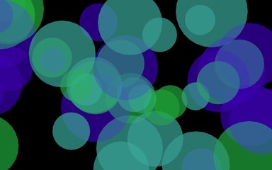 Multicolored translucent circles on a dark background. Green tones. 3D illustration