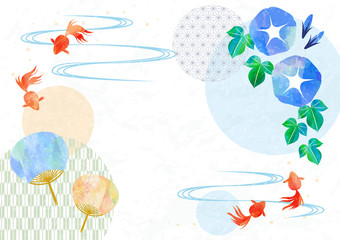 Japanese stlye frame with goldfish, fan and morning glory