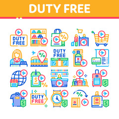 Duty Free Shop Store Collection Icons Set Vector. Duty Free Nameplate And Product, Bag And Label, Perfume And T-shirt, Credit Card And Cart Concept Linear Pictograms. Color Illustrations