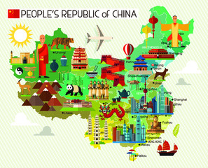 Map of China and Travel Icons.China Travel Map. Vector Illustration.