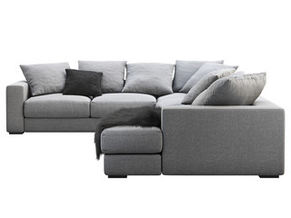 Modern gray corner fabric sofa with pillows and pelt. 3d render.