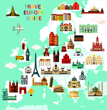 Europe Map with Famous Sightseeing. Travel Guide. Vector illustration.