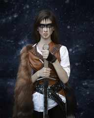 Art photo of a brave warrior with a sword on a dark background