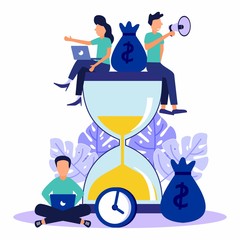 Business people sit on an hourglass and work on their laptop business process icons and infographics in the background. The concepts of finance, productivity and time management. Flat vector.