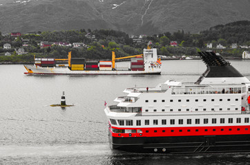 Famous Norwegian Hurtigruten on classic post ship or cruiseship or cruise ship liner MS Nordnorge...