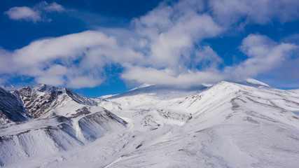 Beautiful view of Avachinskiy Volcanonear Petropavlovsk-Kamchatskiy city. Active volcano. Drone photo. Picturesque photo for a magazine. Kamchatka peninsula. Russia