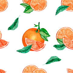 Watercolor illustration of an orange with slices and leaves on a white background. Seamless pattern. For the design of postcards, posters