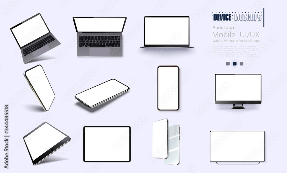 Leinwandbilder A collection of device at different angles. Vector illustration mockups. Collection mobile devices isolated on white background. Smartphone, laptop, tablet, tv perspective view. Rotated position.UI/UX