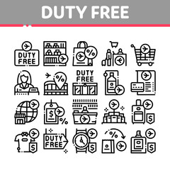 Duty Free Shop Store Collection Icons Set Vector. Duty Free Nameplate And Product, Bag And Label, Perfume And T-shirt, Credit Card And Cart Concept Linear Pictograms. Monochrome Contour Illustrations