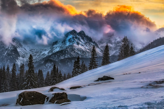 Fototapeta Tatry Wysokie zimą, widok z Rusinowej Polany