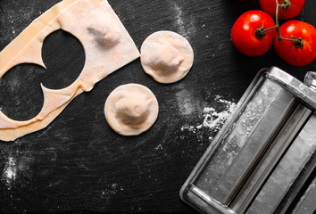 Food Concept home cooking Homemade organic ravioli pasta on black background with copy space