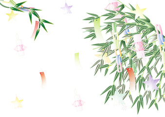 Fototapeta na wymiar 七夕の笹飾りのイラスト笹の葉や竹にあみ飾りと星のイラスト横スタイル背景素材