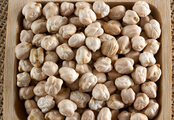 Dry chickpeas in a wooden bowl