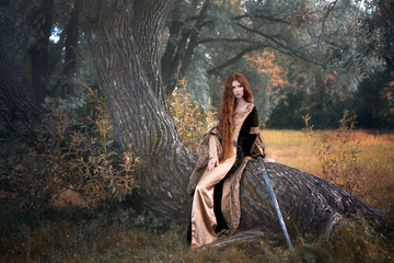Art photo of a red-haired warrior with a sword sitting on the trunk of an old willow