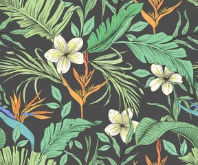 Behang Tropische bloemen Naadloos patroon met tropische bloemen en palmbladeren