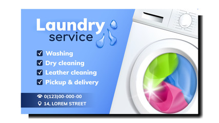 Laundry Service Advertise Promo Banner Vector. Laundry Electronic Automatical Washing Device Filled Color Clothes. Dry And Leather Cleaning, Pickup And Delivery Mockup Illustration