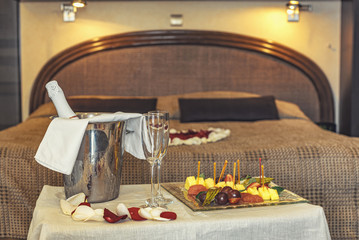 Fruit and champagne honeymoon composition for celebration