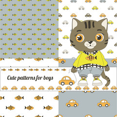 Cute set of Baby Boy seamless patterns with cars, fish and cute kitten