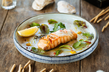 Closeup grilled juicy healthy salmon fish fillet 
