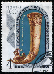 USSR - CIRCA 1969: stamp 4 Soviet kopek printed by USSR, shows Drinking-horn Riton (Turkmenistan 2nd c. B. C.), State Museum of Oriental Art in Moscow series, circa 1969