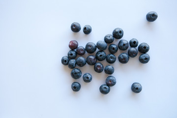 Blueberries scattered on the table. White background. Natural light. Top view 