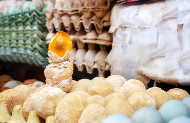 Century eggs, also known as Thousand year old eggs, on local food market in Lijiang, China.