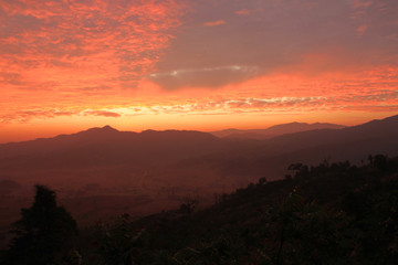 Landscape of mountain view and tree with sunrise light in morning at Phu Lang Ka resort viewpoint Phayao, Thailand. Beauty in nature, Natural wallpaper and Landmark for travel Northern of Thailand