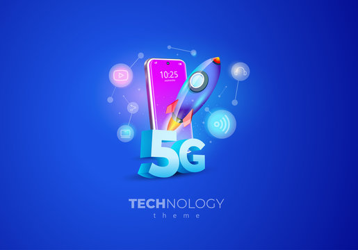 5G Technology Speed And Rocket Takeoff. Mobile Display Smartphone Turbo Speed Action Blue Background Illustration