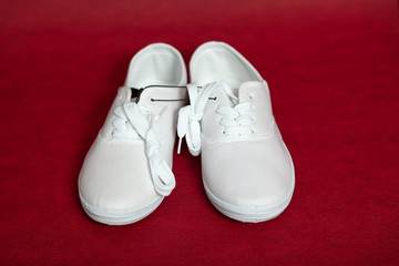 Pair of white sneakers standing on red background