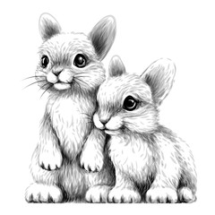 Little rabbits. Wall sticker. Sketch, artistic, drawn portrait of two cute little rabbits on a white background.