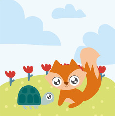 fox and turtle, animals in kawaii style