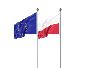 Two realistic flags. 3D illustration on white background. European Union vs Poland. Thick colored silky flags of European Union and Poland.