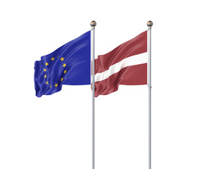 Two realistic flags. 3D illustration on white background. European Union vs Latvia. Thick colored silky flags of European Union and Latvia.
