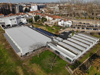 Aerial view - The Piscina Municipal (Swimming Pool) in Santo Tirso, Portugal. Municipal Sports Complex. 
