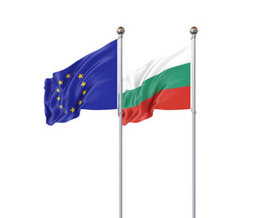 Two realistic flags. 3D illustration on white background. European Union vs Bulgaria. Thick colored silky flags of European Union and Bulgaria.