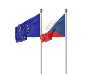 Two realistic flags. 3D illustration on white background. European Union vs Czech Republic. Thick colored silky flags of European Union and Czech Republic.
