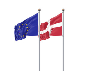 Two realistic flags. 3D illustration on white background. European Union vs Denmark. Thick colored silky flags of European Union and Denmark.