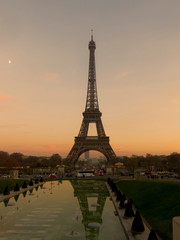 Eiffel tower at sunset viewed from Jardins du Trocadero in Paris, France.
