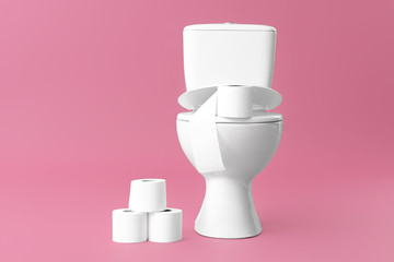 Toilet bowl with rolls of paper on color background