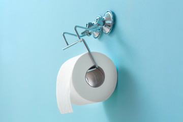 Holder with roll of toilet paper hanging on wall