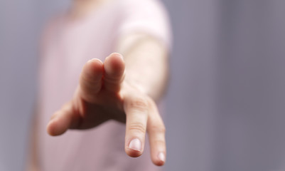 A man hand touching virtual screen, modern background concept , can put your text at the finger, copy space.