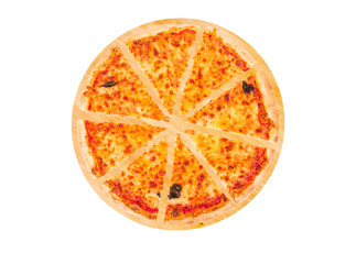 Sliced pizza margherita with mozzarella, bocconcini and basil leaves on round wooden platter...