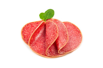 Salami slices isolated on white background.