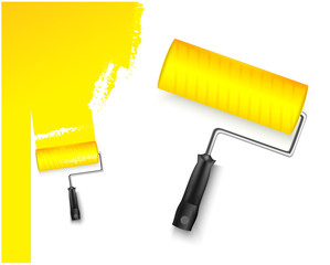 two vector illustration  with paint roller big and small and painted marking yellow color isolated on white background 
