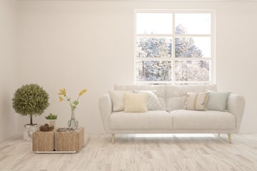 White living room with sofa and winter landscape in window. Scandinavian interior design. 3D illustration