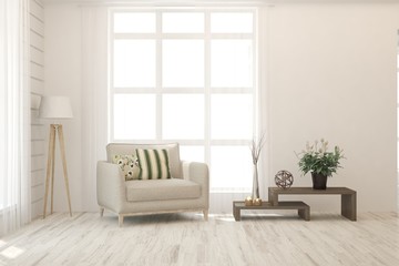 Fototapeta premium White living room with armchair. Scandinavian interior design. 3D illustration