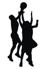Vector silhouette of athletic basketball players jumping to score a shot in ball game, group of male athletes scoring a ball to win a competition