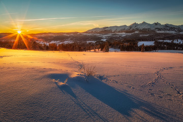 Zimowy wschód słońca z Tatrami Bielskimi w tle
